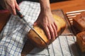 Fresh baked cranberry bread with woman hand holding knife Royalty Free Stock Photo