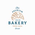 Fresh Baked Croissant Abstract Sign, Symbol or Logo Template. Hand Drawn Bakery with Typography Label. Local Bread