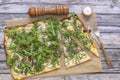 Fresh baked flammkuchen - Traditional German pizza or french tarte flambee in vegetarian recipe Royalty Free Stock Photo