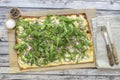 Fresh baked flammkuchen - Traditional German pizza or french tarte flambee in vegetarian recipe