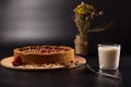 Fresh baked fruit pie. Glass of milk and bakery. Breakfast food Royalty Free Stock Photo