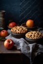 Fresh baked goods, autumn apple pies, cozy kitchen in a dark key. Generative AI