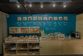 Close-up. Fresh baked goods are beautifully arranged on display in wooden crates. Bread shop