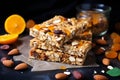 Fresh baked healthy muesli or granola bars with almond, raisins and dried apricots Royalty Free Stock Photo