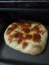 focaccia bread in the oven