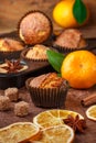 Fresh baked homemade citrus orange, Mandarin cakes muffins with brown sugar, cinnamon and star anise