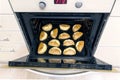 Fresh baked homemade cookies in oven. Tray of cookies coming out Royalty Free Stock Photo