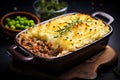 Fresh baked homemade cottage Shepherd's traditional pie served with peas on black background