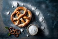 Fresh baked homemade pretzel with sea salt Classic beer snack. Top view flat lay