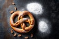 Fresh baked homemade pretzel with sea salt Classic beer snack. Top view flat lay