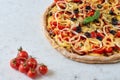 Fresh baked hot pizza on white background with copy space on the left side. Vegetarian pizza with vegetables and basil Royalty Free Stock Photo