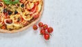 Fresh baked hot pizza on white background with copy space on the right side. Vegetarian pizza with vegetables and basil