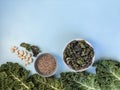 Fresh baked kale chips, perfect snack with cashew nuts and hemp seeds Royalty Free Stock Photo