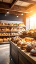 Fresh baked loaves of bread displayed on shelves in a bakery illuminated by sunlight. Royalty Free Stock Photo