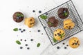 Fresh baked muffins with chocolate chips, blueberry berries and mint leaves on baking rack and on white marble table background Royalty Free Stock Photo