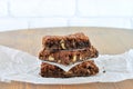 Nutty fudge brownie cake on wooden table