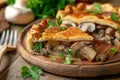 Fresh Baked Pie Stuffed with Chicken, Beef, Mushrooms and Potatoes on Rustic Table Royalty Free Stock Photo