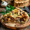 Fresh Baked Pie Stuffed with Chicken, Beef, Mushrooms and Potatoes on Rustic Table Royalty Free Stock Photo