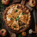 Fresh Baked Pie Stuffed with Chicken, Beef, Mushrooms and Potatoes on Rustic Table Royalty Free Stock Photo