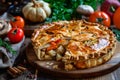 Fresh Baked Pie Stuffed with Chicken, Beef, Mushrooms and Potatoes on Rustic Table Royalty Free Stock Photo