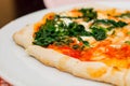 Fresh baked pizza with melted cheese, Italian herbs and tomato sauce and fresh basil on a white plate. Italian food, menu, restaur