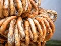 Fresh baked pretzels or bagels with salt on display Royalty Free Stock Photo