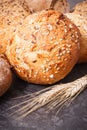 Fresh baked rolls with seeds and ears of rye or wheat grain Royalty Free Stock Photo