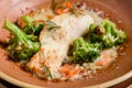 Fresh baked sea fish with broccoli, carrots, vegetables and cheese