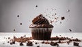 Fresh baked single chocolate muffin with crumbs flying on white background. Sweet dark cupcake falling.