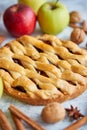 Fresh baked tasty homemade apple pie cake with ingredients on side Royalty Free Stock Photo