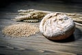 Fresh baked wheat bread loaf, a handful of wheat grain and wheat ears on a dark brown wooden background. Royalty Free Stock Photo