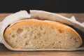 Fresh baked white bread slice slice on a dark background. Front view copy space. Royalty Free Stock Photo