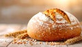 Fresh bakery bread with wheat grains on wooden, soft daylight background Royalty Free Stock Photo