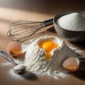 Fresh Baking Essentials: Flour, Eggs, and Sugar Preparation Royalty Free Stock Photo
