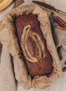 Delicious banana bread in baking tray Royalty Free Stock Photo