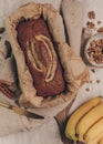 Homemade delicious banana bread in baking tray Royalty Free Stock Photo