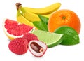 Banana, lime, lichee, grapefruit and orange fruit isolated on white background. exotic fruits. clipping path