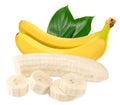 Fresh banana with slices and green leaves isolated on white background. exotic. tropical. clipping path Royalty Free Stock Photo