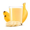 Fresh banana shake in a glass and banana pieces isolated on white background