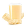 Fresh banana shake in a glass and banana pieces on white background Royalty Free Stock Photo