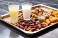 fresh bananas, dates, and water on a tray Royalty Free Stock Photo