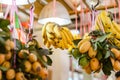 Fresh bananas display on market stall