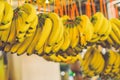 Fresh bananas display on market stall