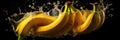 Fresh bananas falling into water with a big splash. Wide banner. Generative AI Royalty Free Stock Photo
