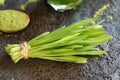 Fresh barley grass blades with green juice and barleygrass powder Royalty Free Stock Photo