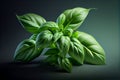 Fresh Basil herb leaves. Green seasoning plant. Close up view. Generative Ai