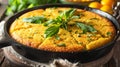 Cornbread cooking in skillet with basil Royalty Free Stock Photo