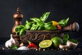 Fresh basil lime garlic and red hot chili peppers in mortar with pestle and wooden spoon Royalty Free Stock Photo