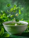 Fresh Basil Soup with Steam Rising Above Bowl Surrounded by Green Herbs on Natural Vibrant Background Royalty Free Stock Photo