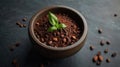 Dark Chocolate Cocoa Powder in Wooden Bowl with Coffee Beans and Basil Royalty Free Stock Photo